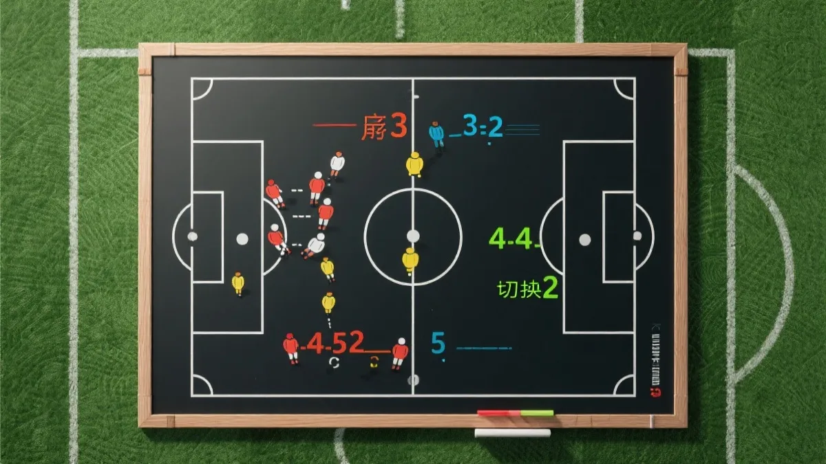 足球战术板视角，墨西哥队3-2-5进攻站位与防守回收示意，简洁线条，专业分析风格